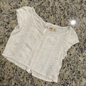 Hollister Women’s Size XS White Short-Sleeve Lace Crop Top with Button-Up Back